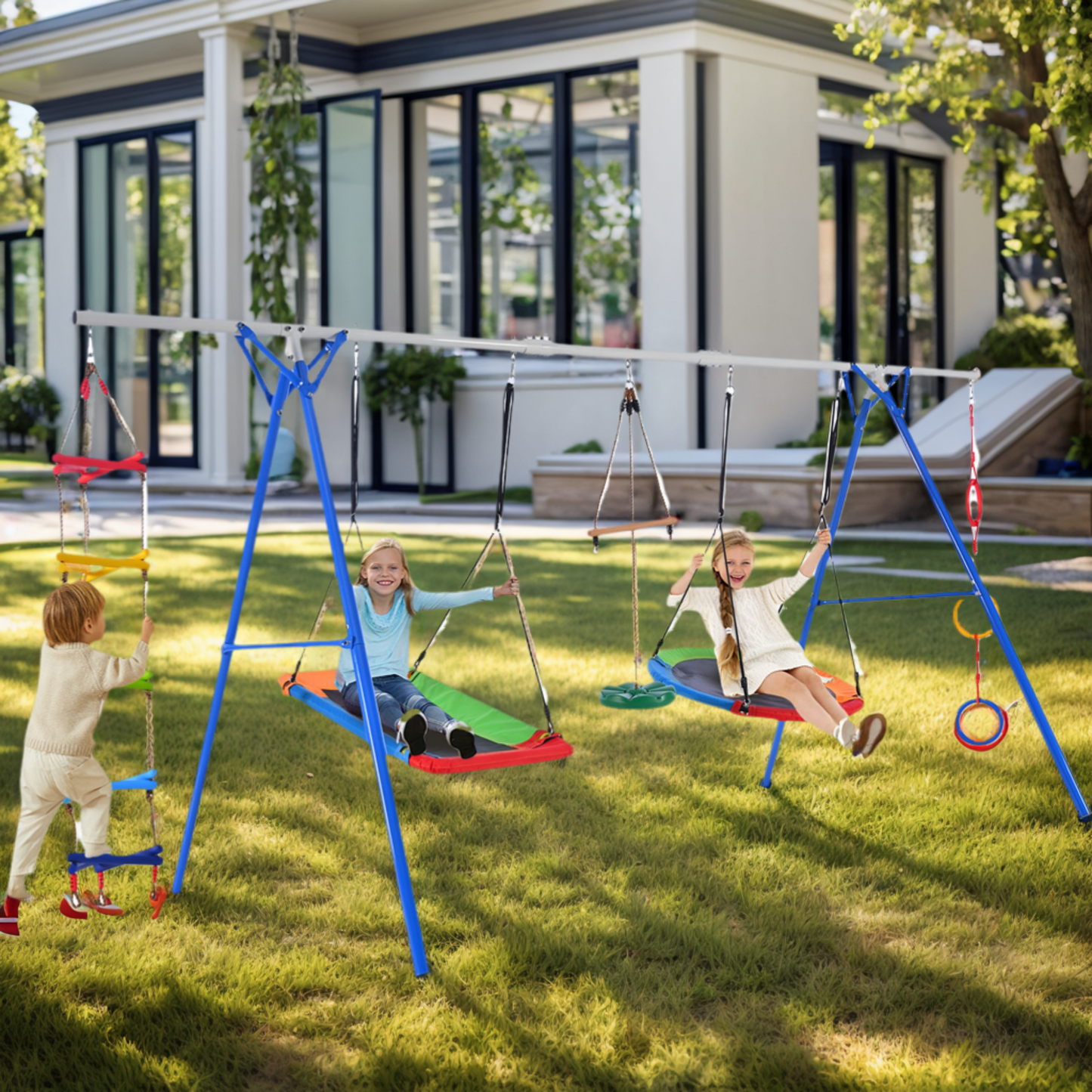 5 in 1 Swing Set for Kids, Outdoor Toddler Swing Set with Adjustable Steel Frame, Kids Backyard Playset with Climbing Ladder, Saucer Swing, Monkey Bar Swing, Disc Swing and Swing Ring