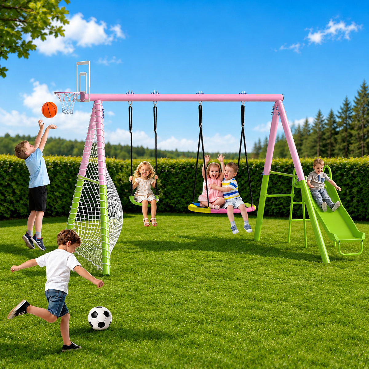 5 in 1 Metal Swing Sets for Backyard, SHINPT Outdoor Kids Swing Set with Slide, Saucer Swing Seat, Belt Swing Seat, Basketball Hoop, Soccer Net, Heavy Duty Backyard Playground Set for Kids