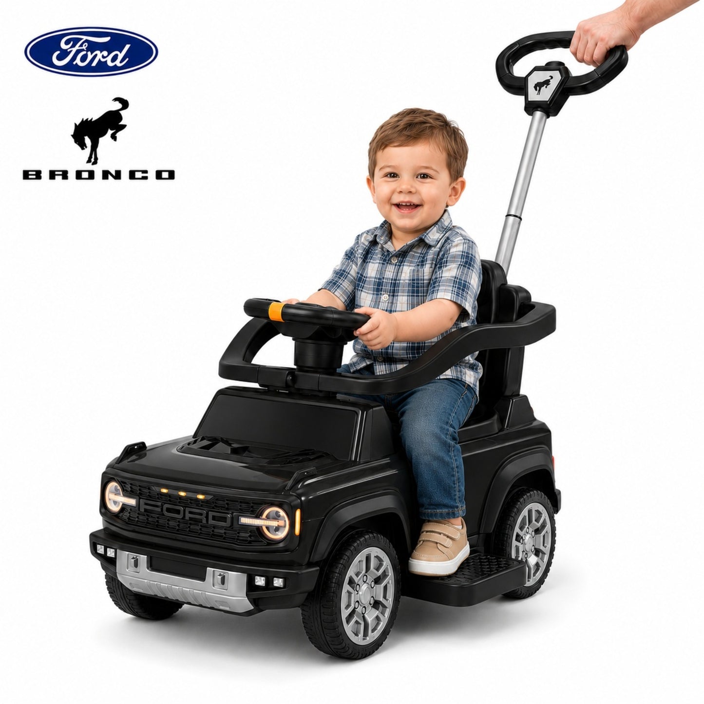 SHINPT 3 in 1 Push Car, Licensed Ford Bronco, Toddler Push Car with Parent Control Handle, Safety Fence, Lights, Music & Storage, Ride on Toy for Toddlers 18-36 Months, Pink