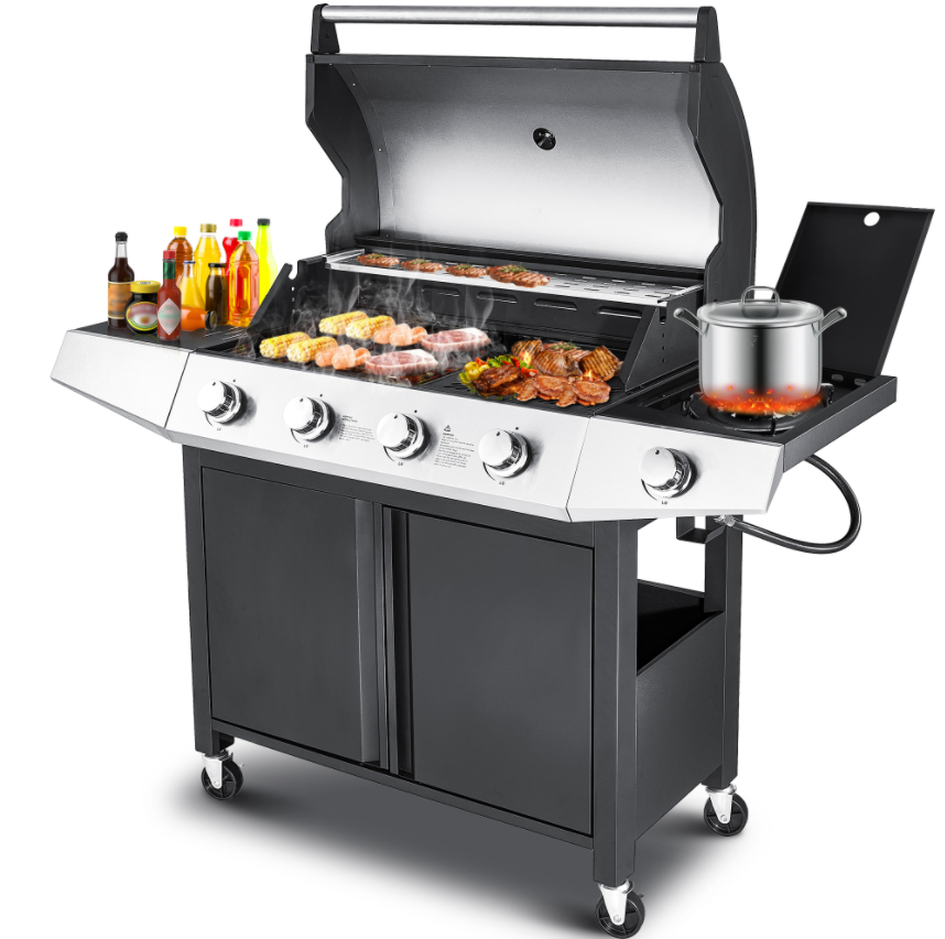 Propane Gas Grill, 4 Burner Grill with Built-in Thermometer and Side Burner, Stainless Steel Gas Grill for Outdoor Cooking
