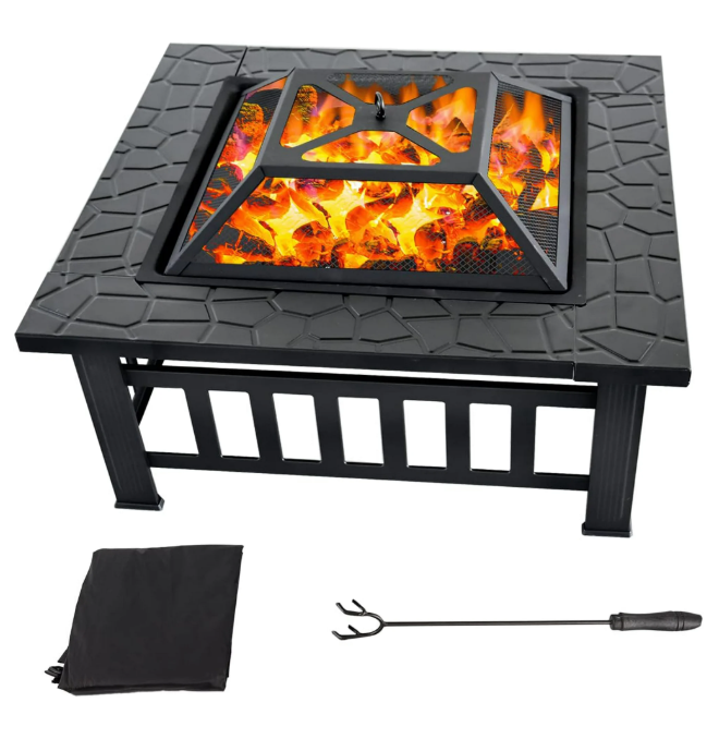 32" Heavy Duty Fire Pit Table with with Metal Fireplaces for Outdoor Heating, Entertaining and Picnic, Camping Fire Pit Table with Spark Screen Lid