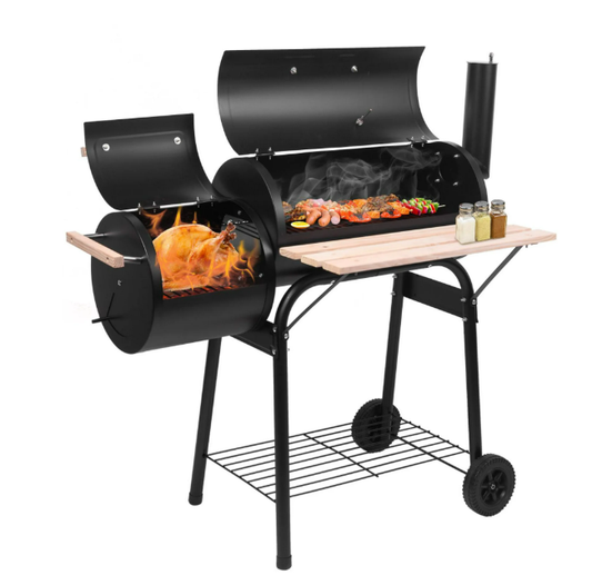 Shinpt Black Charcoal Grill with Wood Shelves and 429 Cooking Square Inches for Camping, 30” Charcoal Grill with Wood-Painted Side Front Table for Outdoor and Backyard