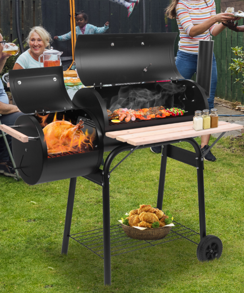 Charcoal Grill, Outdoor Barbecue Grill with Offset Smoker & Adjustable Damper, 2 Cooking Area, Smoker Grill for Outdoor Picnic, Iron, Black