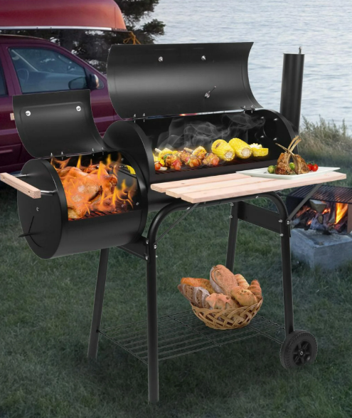 44" Charcoal Grill, Shinpt Smoker Grill with 2 Cooking Area for Camping, Outdoor Barbecue Grill with Thermometer & Adjustable Damper & Side Smoker