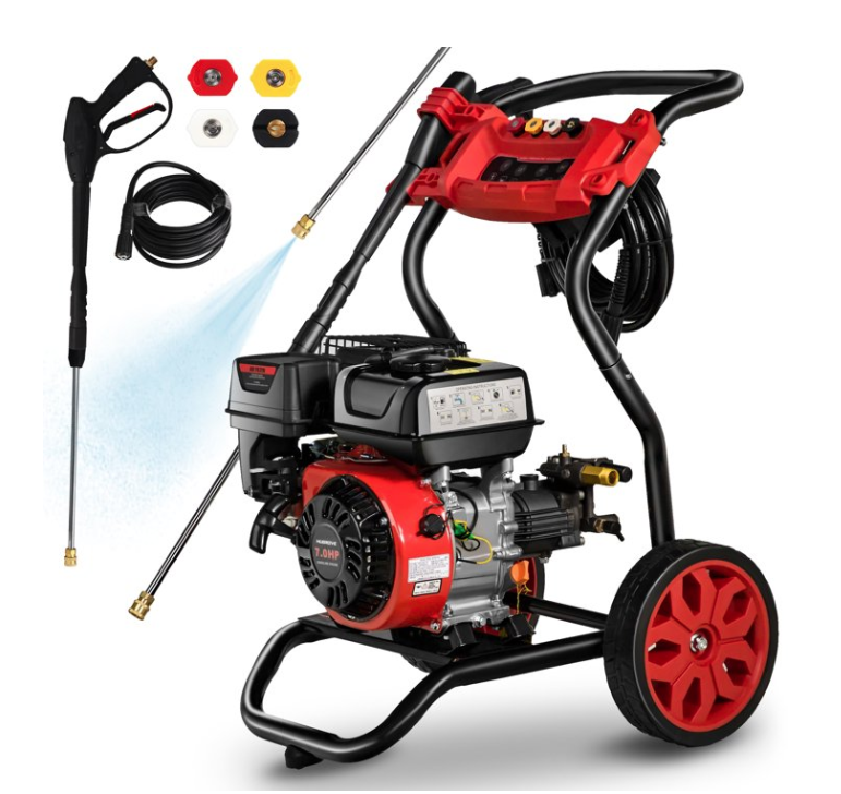 3500PSI Pressure Washer with 4 Nozzle, Portable Gas Pressure Washer for Patios, Cars, Fences, Driveways, 2.6GPM High-Power Washer with 28' High-Pressure Hose, Red & Black