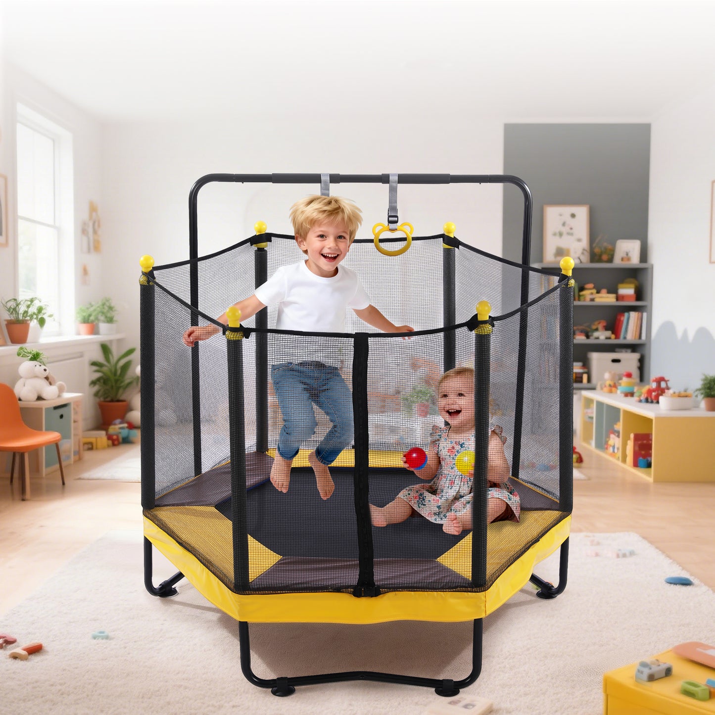 54in Mini Trampoline for Kids, SHINPT Toddler Trampoline Indoor/Outdoor, Kids Trampoline for Toddlers with Basketball Hoop, Recreational Trampoline with Gymnastics Bar, Indoor Trampoline for Toddlers